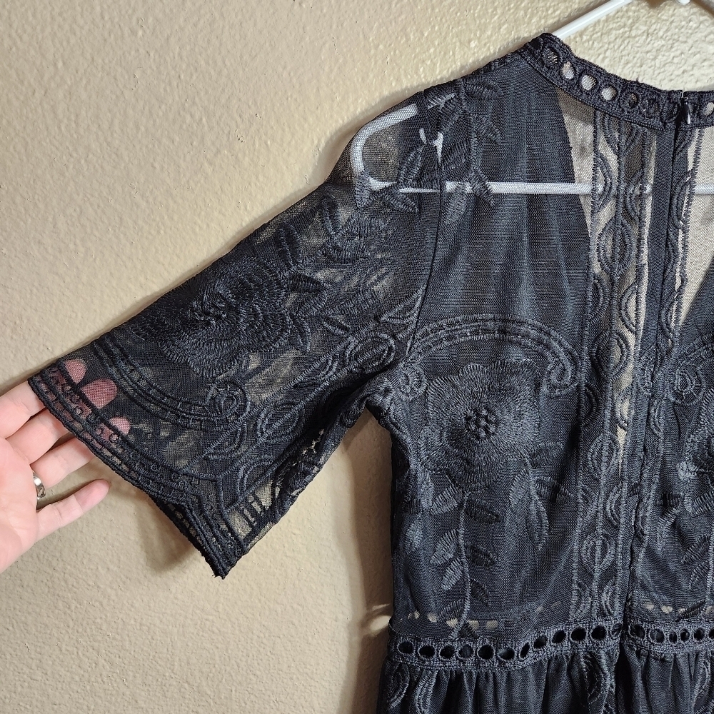 Eleter Womens Black Deep V-Neck Lace Romper Short Sleeve Long Dress-Size S - Picture 12 of 16